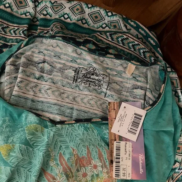 NWT Women’s Sz. L Panhandle Texas Turq Cap Sleeve Sheer Shirt Native American - Picture 4 of 4